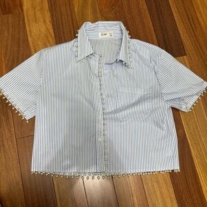 Kiwi Pearl-Trimmed Blue Striped Button Down Shirt
